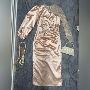 Zara One-Shoulder Dress in Pink and Beige